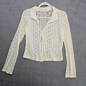 Lace Button Up Top Sheer Ivory Long Sleeve Y2K Coquette Top Sz Large No Comment